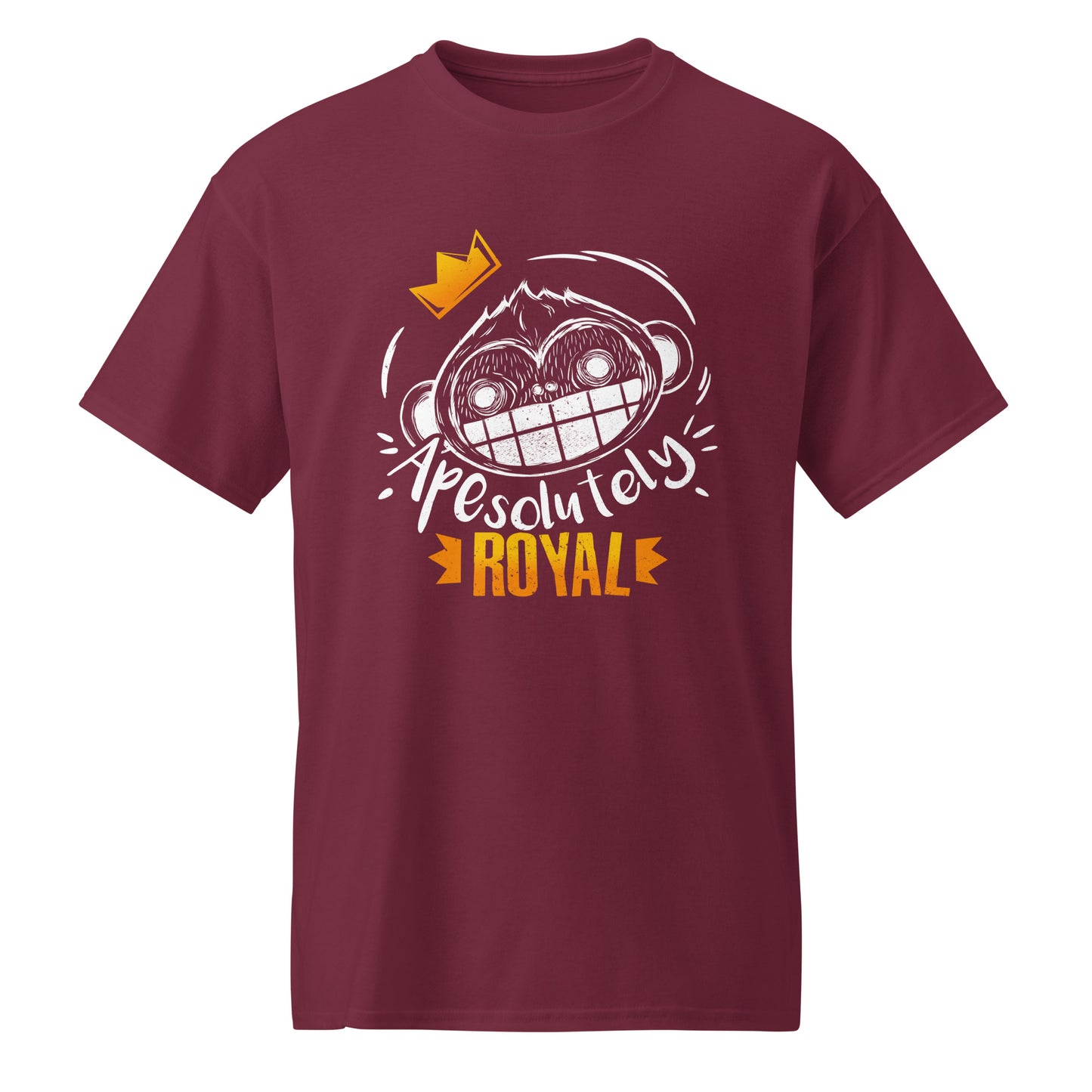 Maroon ApeSolutely Royal T-shirt with crowned monkey head, cartoon and sketchy style