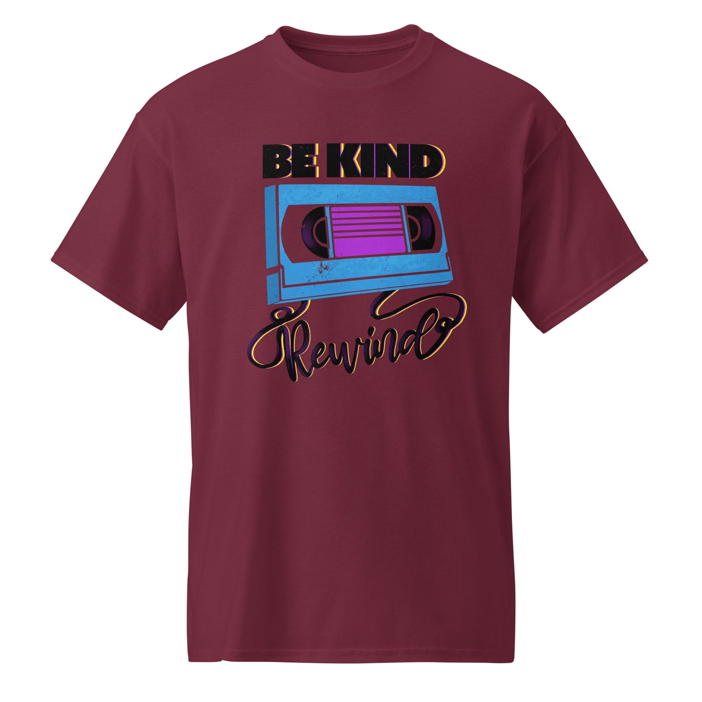 Maroon Be Kind Rewind T-shirt, retro typographic style, VHS inspiration, BimBangDesign