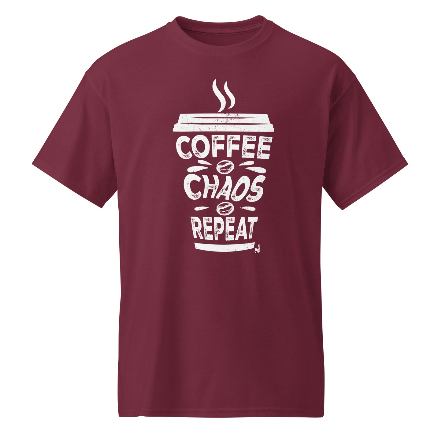 Maroon Coffee Chaos Repeat text t-shirt for all coffee lover on the go BimBangDesign