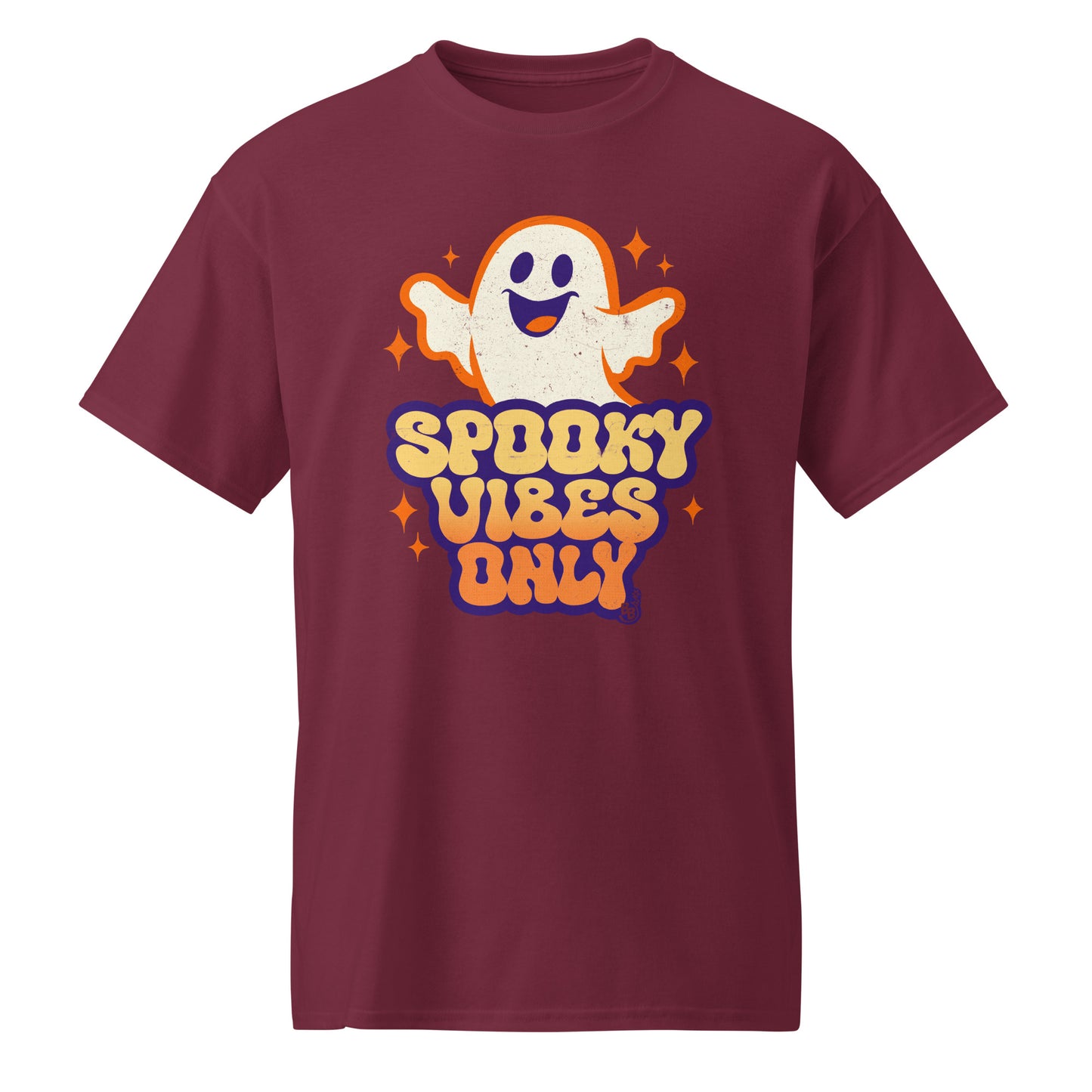 Maroon Spooky vibes only t-shirt for halloween and cartoon ghost Fans BimBangDesign