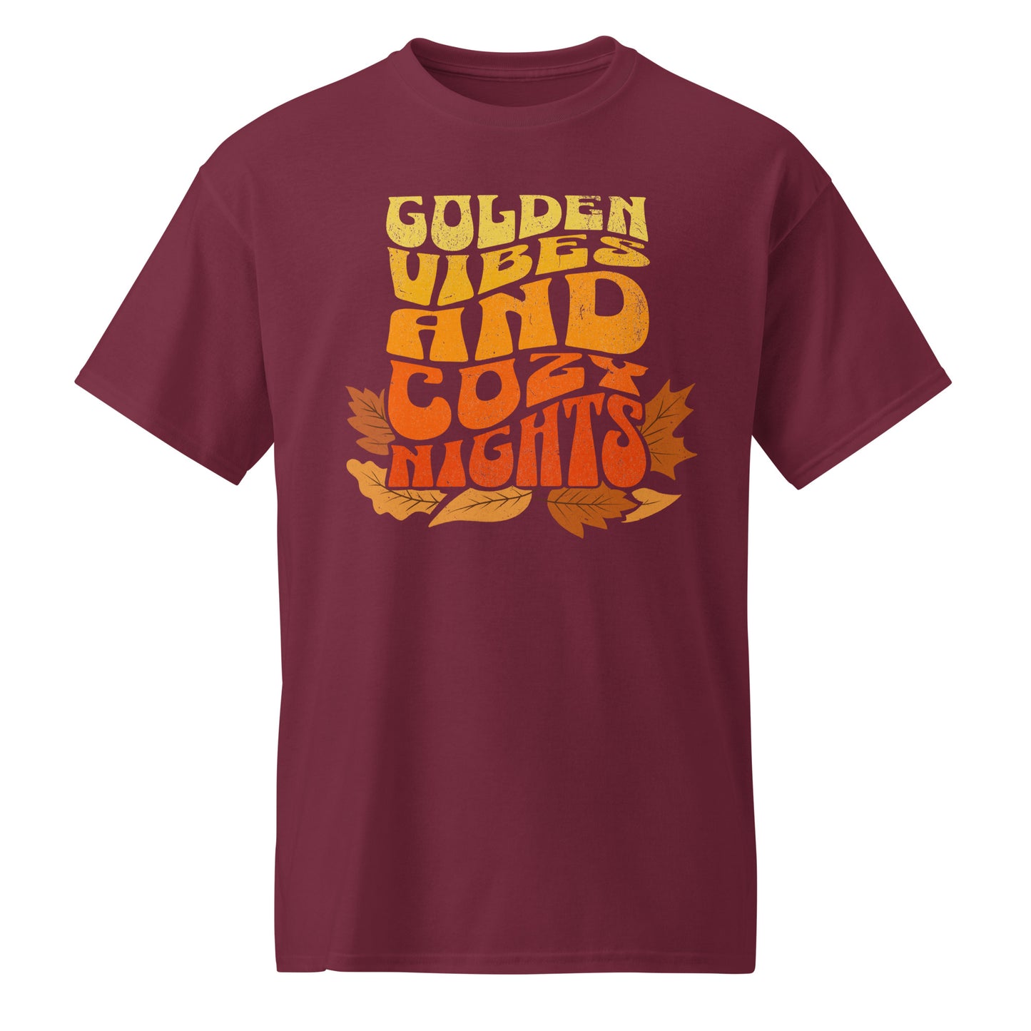 Maroon Comfy t-shirt with “Golden Vibes and Cozy Nights” text in yellow-to-orange gradient and autumn leafs BimBangDesign