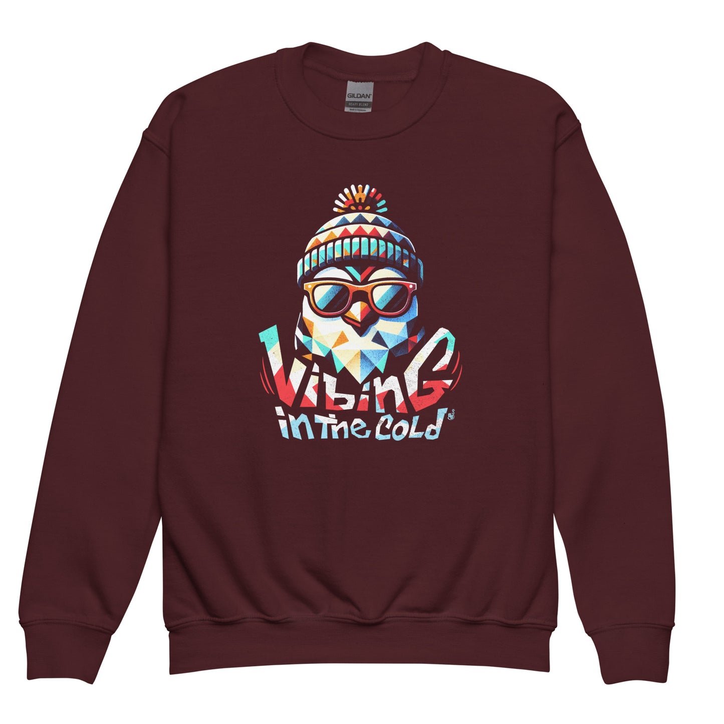 Maroon Casual Kids sweatshirt featuring Fun winter Vibing in the Cold slogan and cool funny energy BimBangDesign