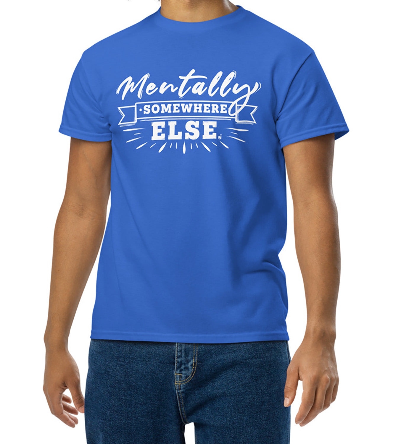 Mentally Somewhere Else Royal Blue t-shirt worn by a pensive person BimBangDesign