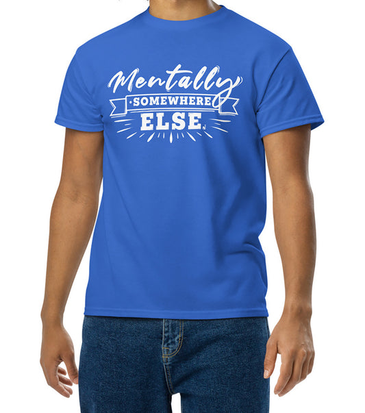 Mentally Somewhere Else Royal Blue t-shirt worn by a pensive person BimBangDesign