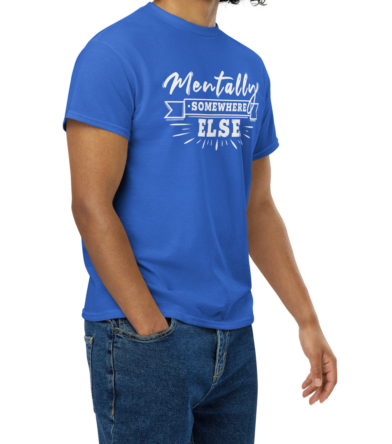 Royal Blue Mentally Somewhere Else t-shirt worn by a pensive person BimBangDesign