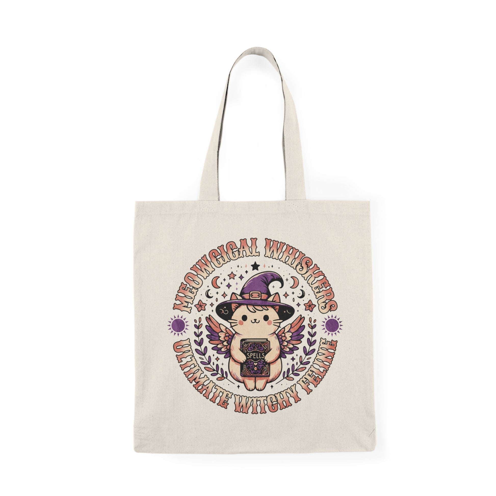 Meow Magical Witchy Cat tote bag featuring cute cat with witch hat — Halloween tote by BimBangDesign