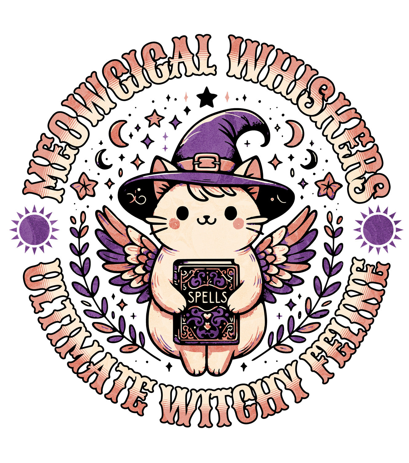 Kids Meow Magical Witchy Cat hoodie details – cute little cat with witch hat by BimBangDesign