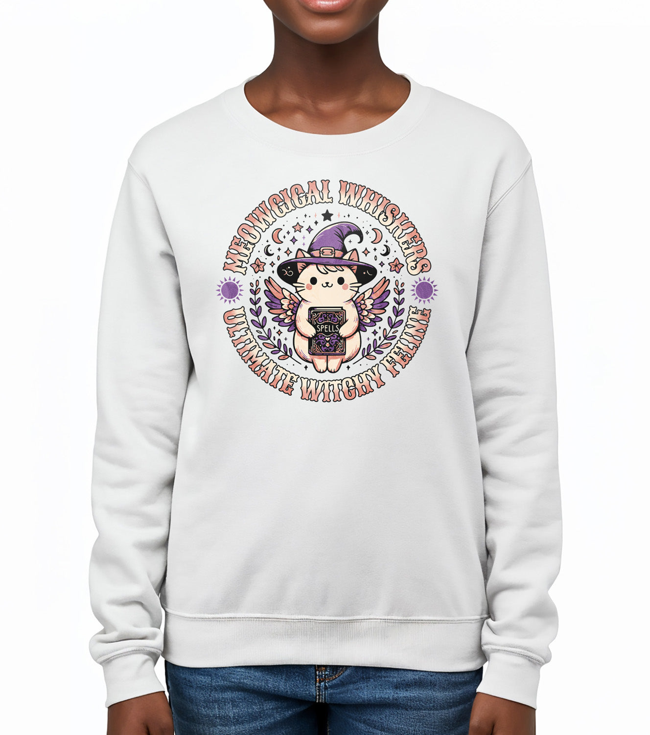 Meow Magical Witchy Cat kids sweatshirt – cute little cat with witch hat, sparkles and stars by BimBangDesign