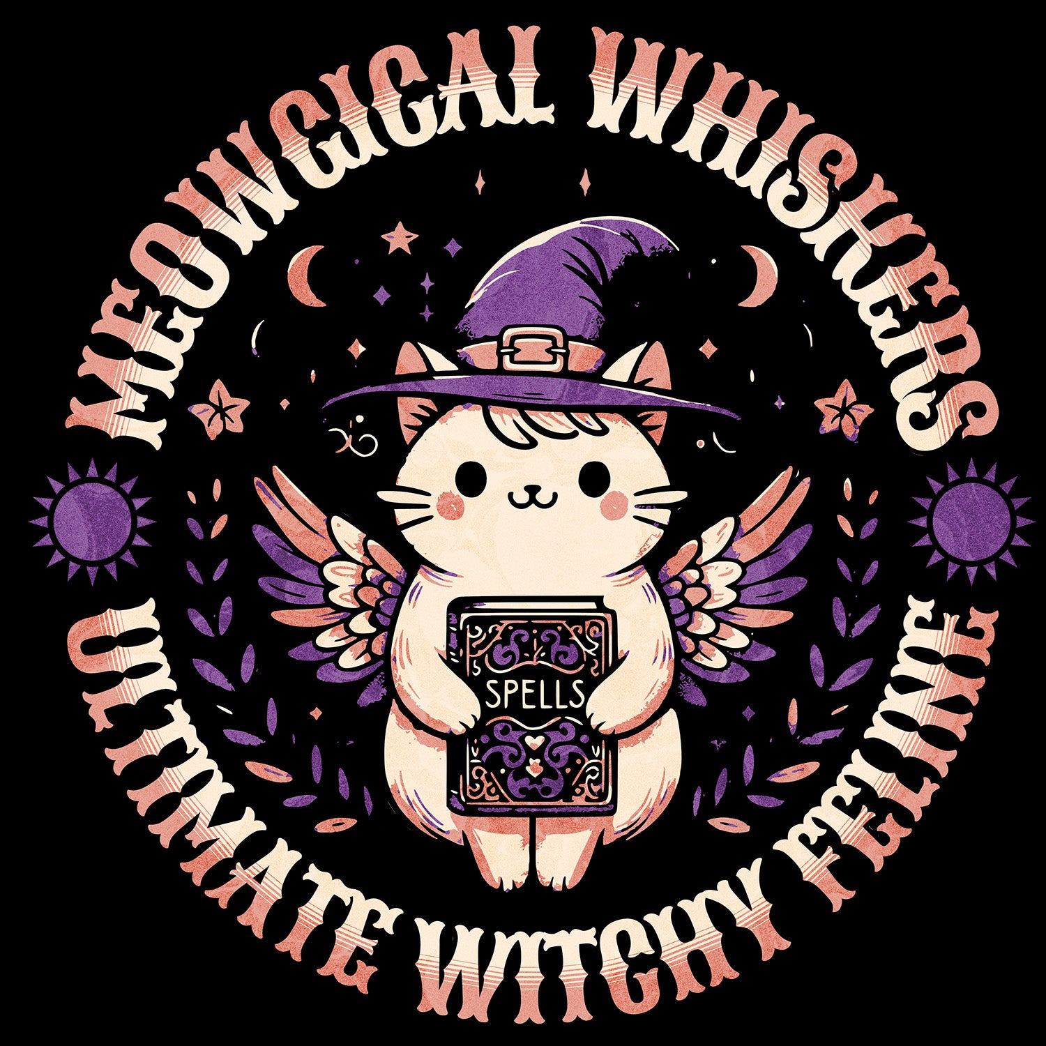 Kids t-shirt details Meow Magical Witchy Cat – cute witch cat design by BimBangDesign