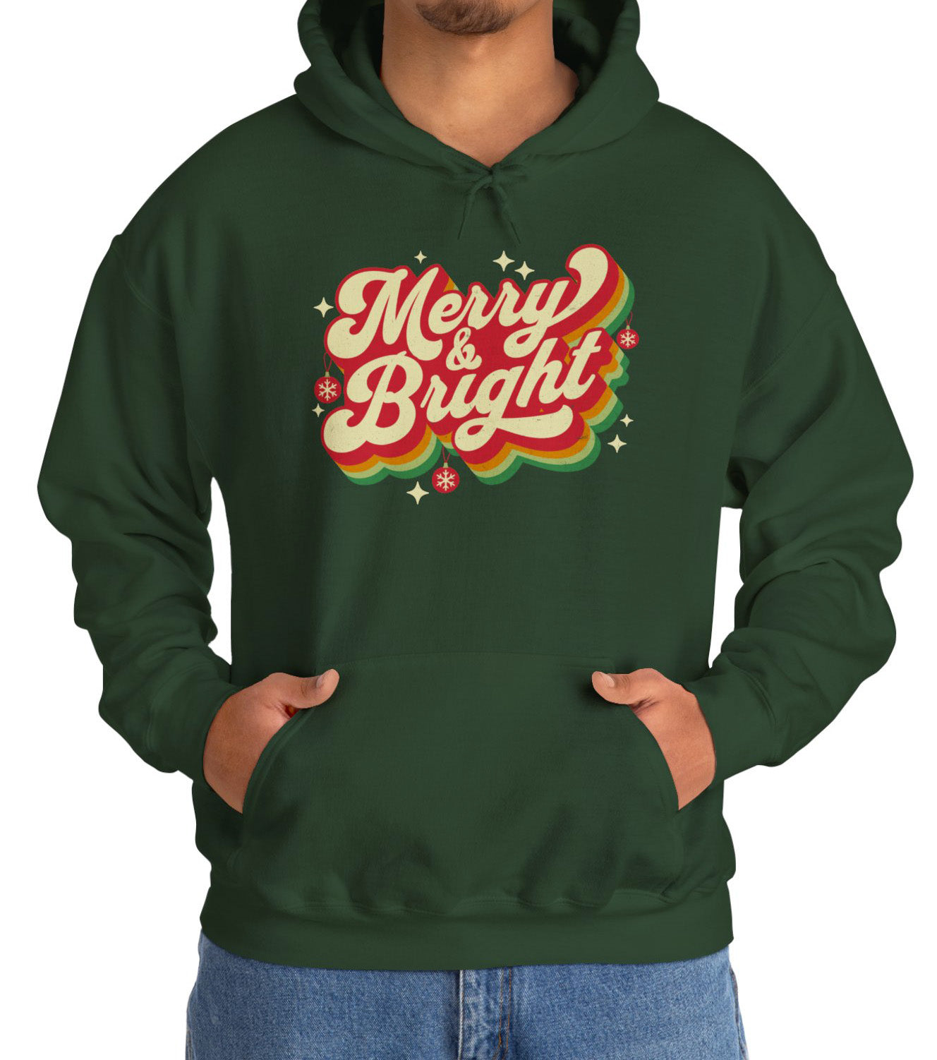 Cozy Unisex Christmas hoodie with warm fleece and festive “Merry & Bright” print BimBangDesign