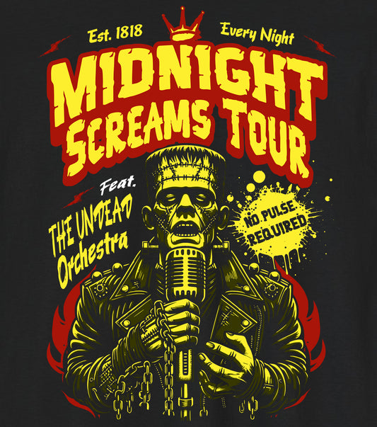 Midnight Screams Tour t-shirt details– Frankenstein concert poster design – BimBangDesign