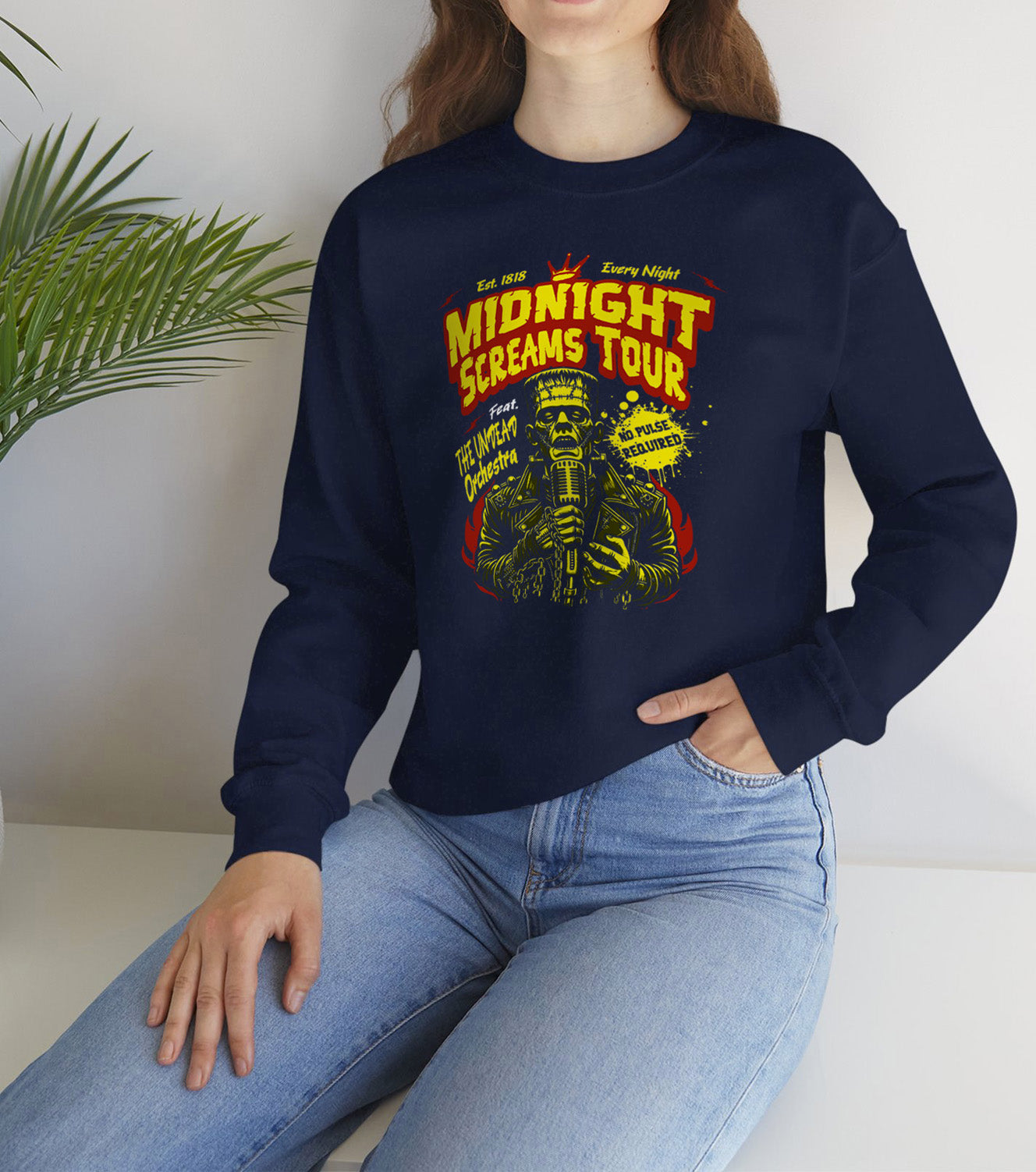 Navy Midnight Screams Tour sweatshirt –  worn by a Frankenstein concert design fan – BimBangDesign