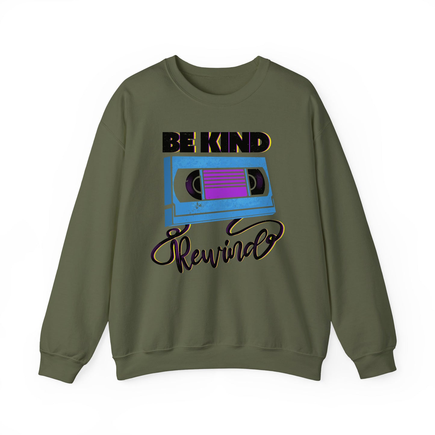 Military Green Be Kind Rewind White Sweatshirt, retro typographic style, VHS inspiration for vintage lovers BimBangDesign
