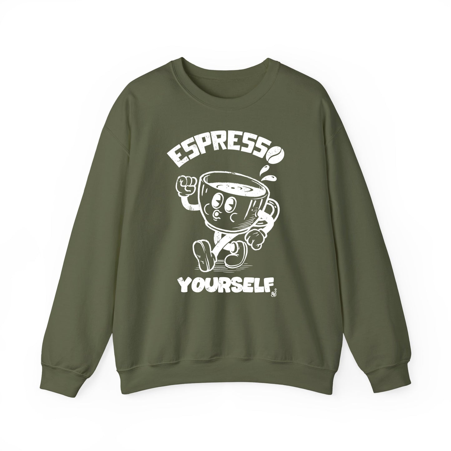 Cartoon Espresso Yourself Military Green Sweatshirt with a coffee cup illustration for espresso coffee lovers BimBangDesign