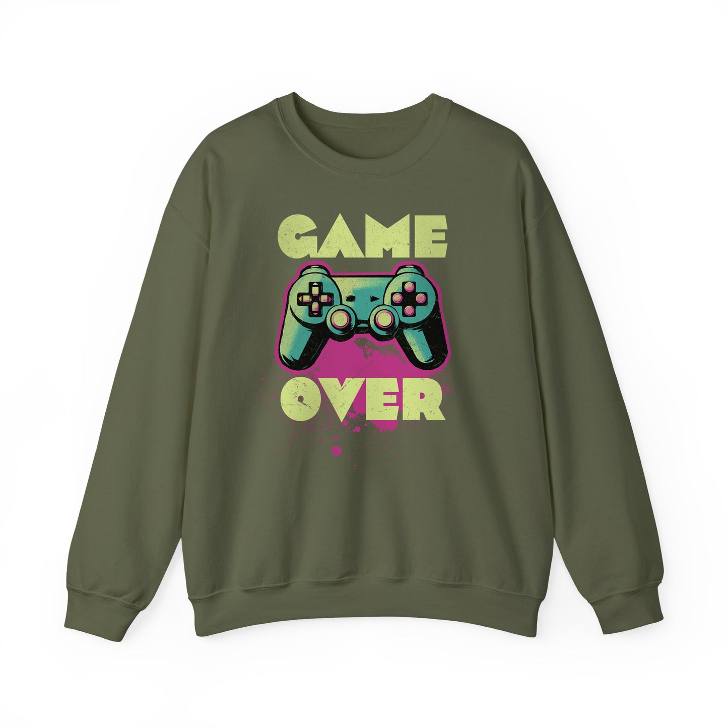 Military Green Game Over sweatshirt retro neon colors art for gamers BimBangDesign