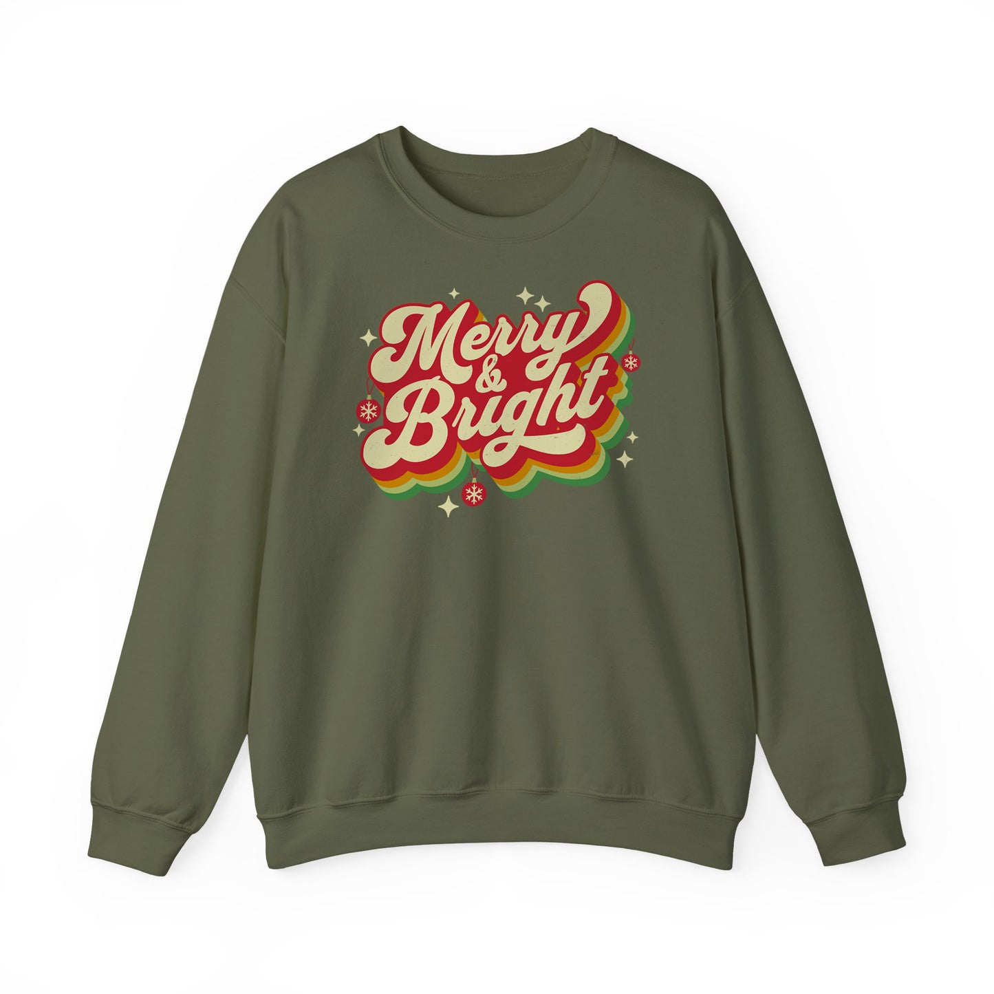 Military Green Cozy Unisex Christmas sweatshirt with warm fleece and festive “Merry & Bright” print BimBangDesign