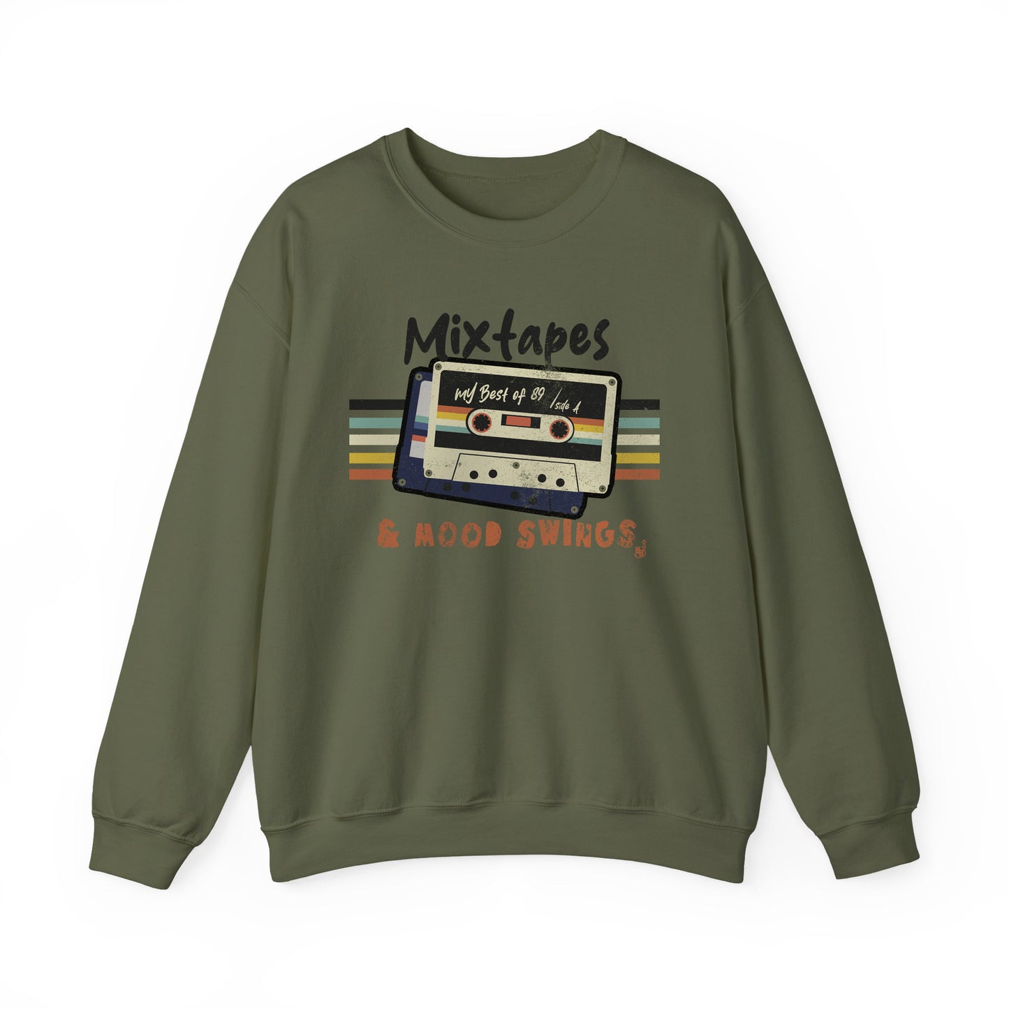 Mixtapes & Mood Swings vintage typography on a Military Green Sweatshirt for vintage vibe hunters BimBangDesign
