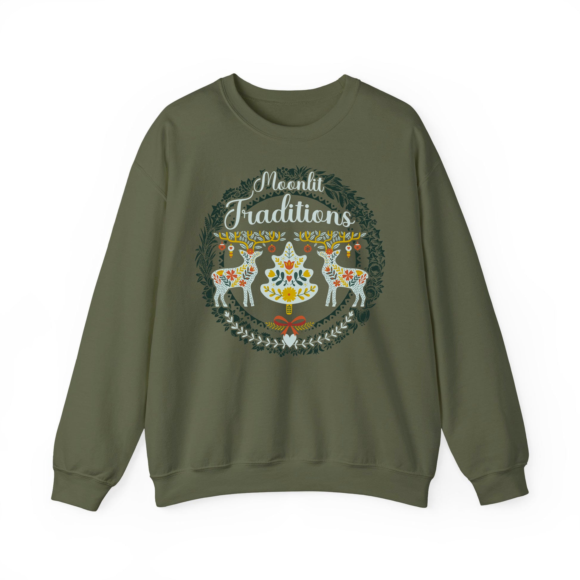 Military Green Winter-themed Cozy Christmas sweatshirt with classic European-style holiday illustration