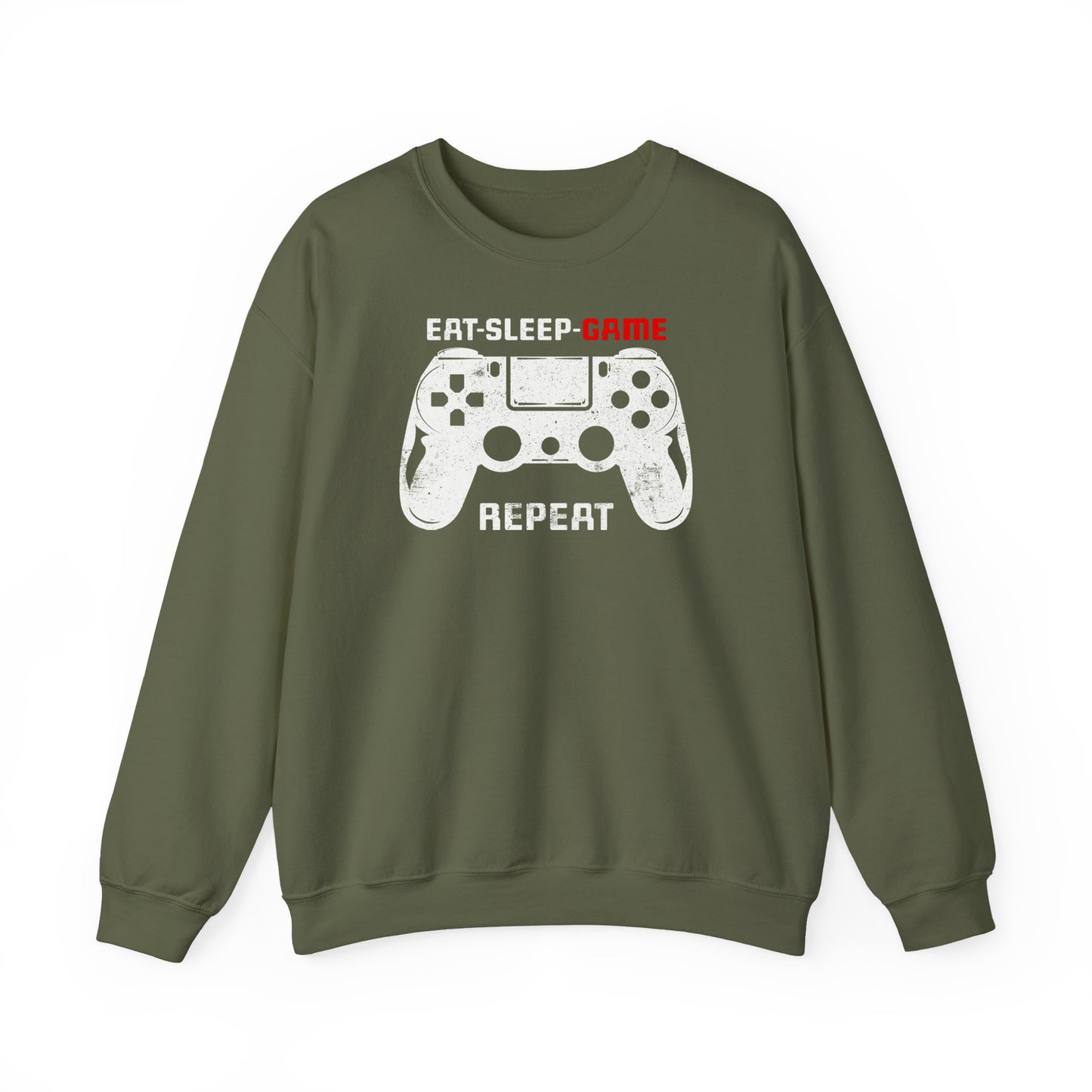 Military Green Gamer routine Cozy Sweatshirt Eat Sleep Game Repeat BimBangDesin