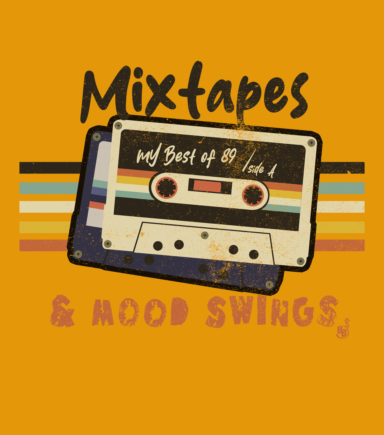 Mixtapes & Mood Swings vintage typography print details on a gold color t-Shirt