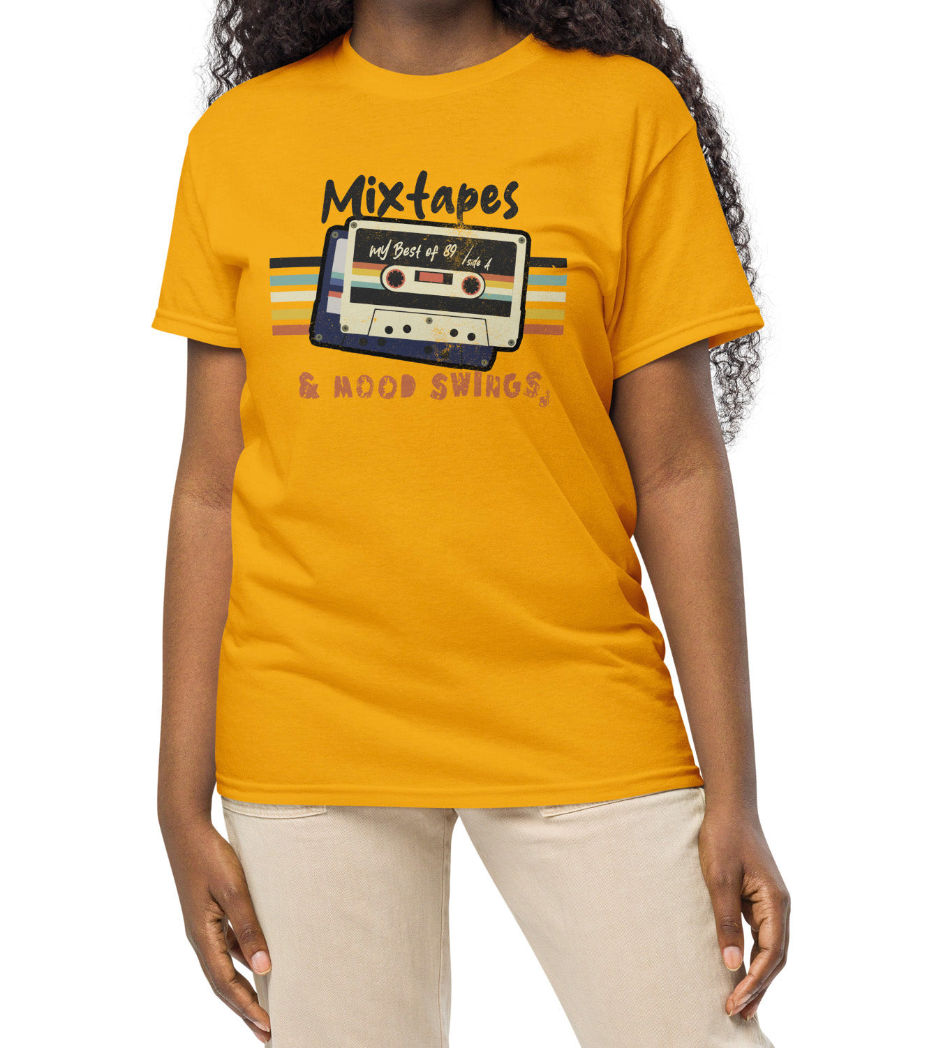 Mixtapes & Mood Swings vintage typography on a gold color t-Shirt