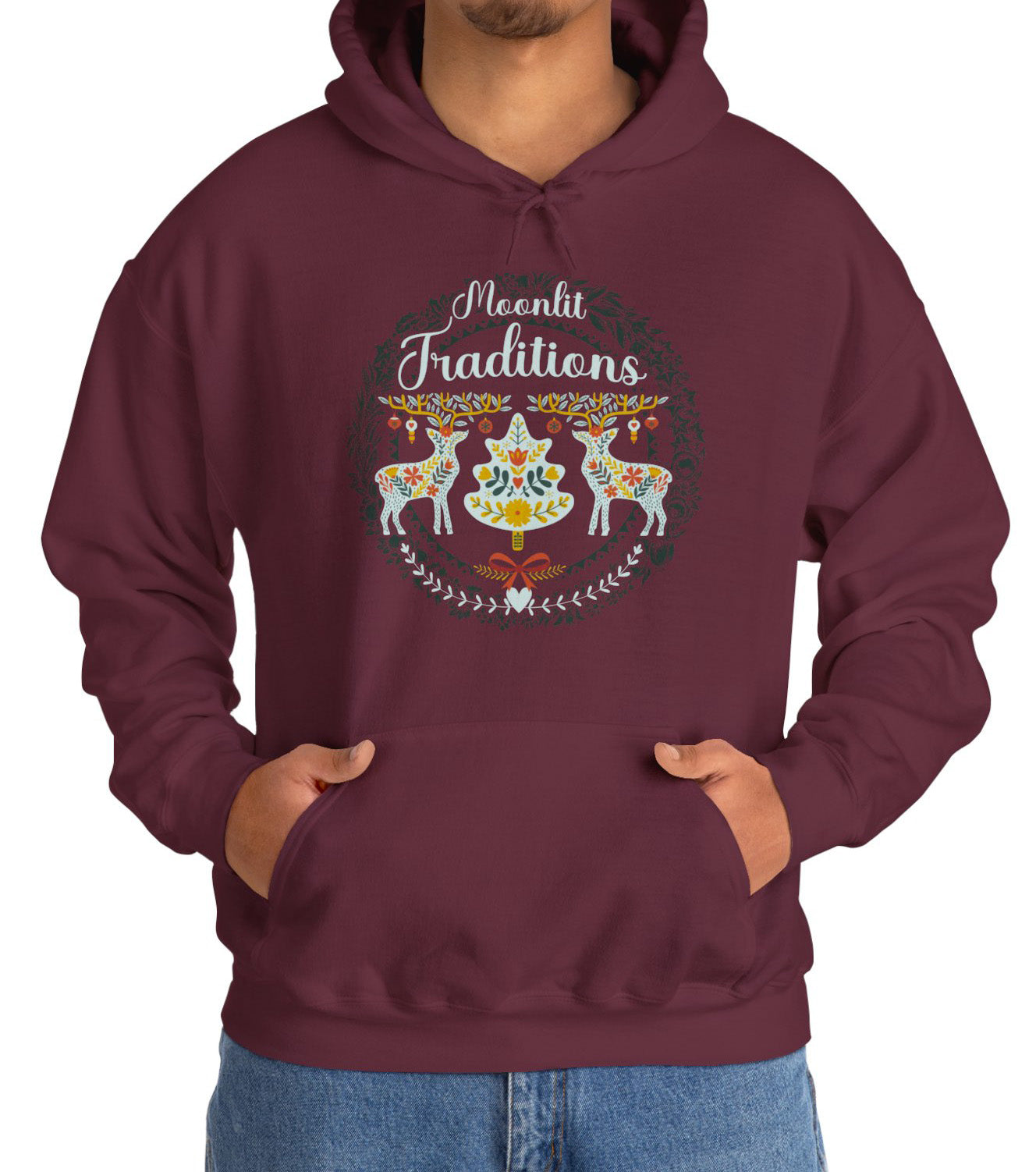 Winter-themed Cozy Christmas hoodie with classic European-style holiday illustration