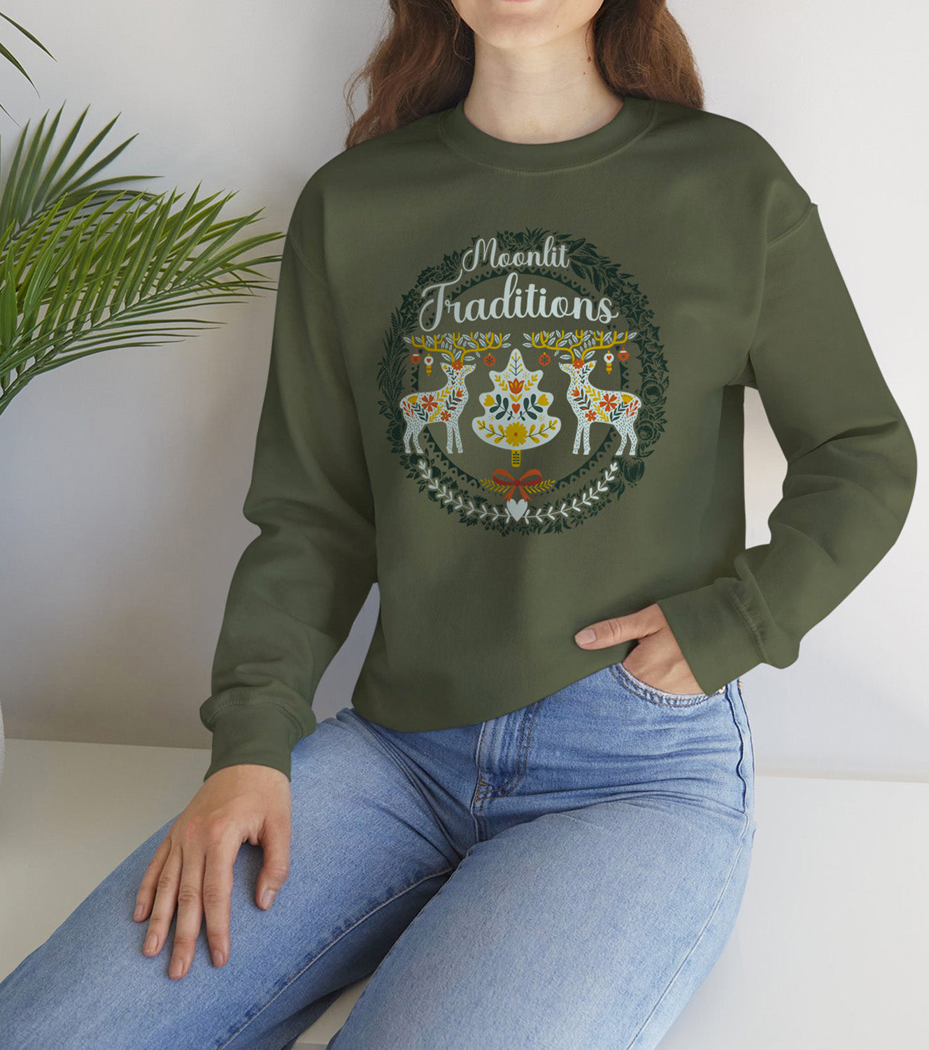 Winter-themed Cozy  sweatshirt with classic European-style holiday illustration worn by a Christmas vibes entousiast