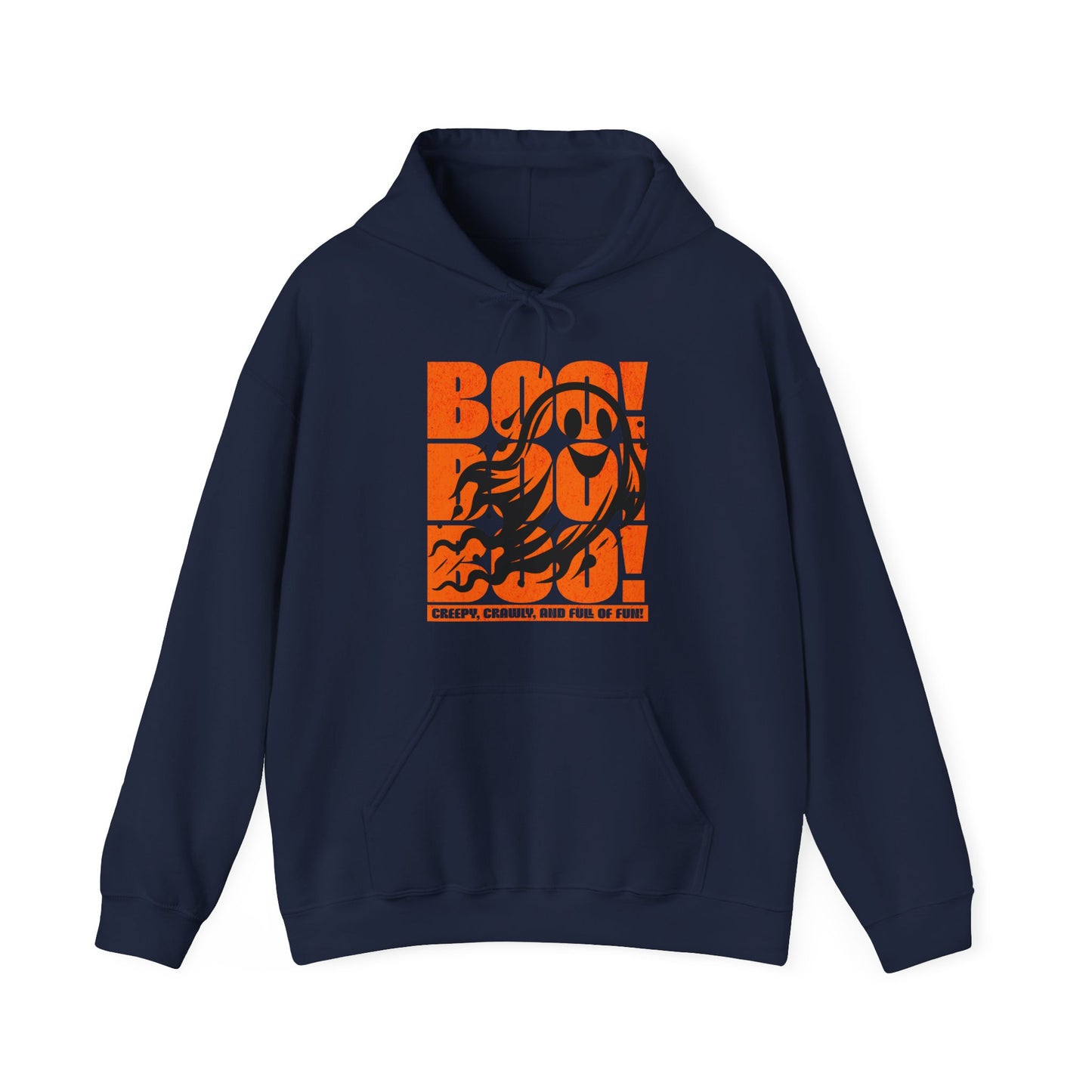 Navy Playful ghost design with triple “Boo” text – fun Halloween unisex hoodie by BimBangDesign.