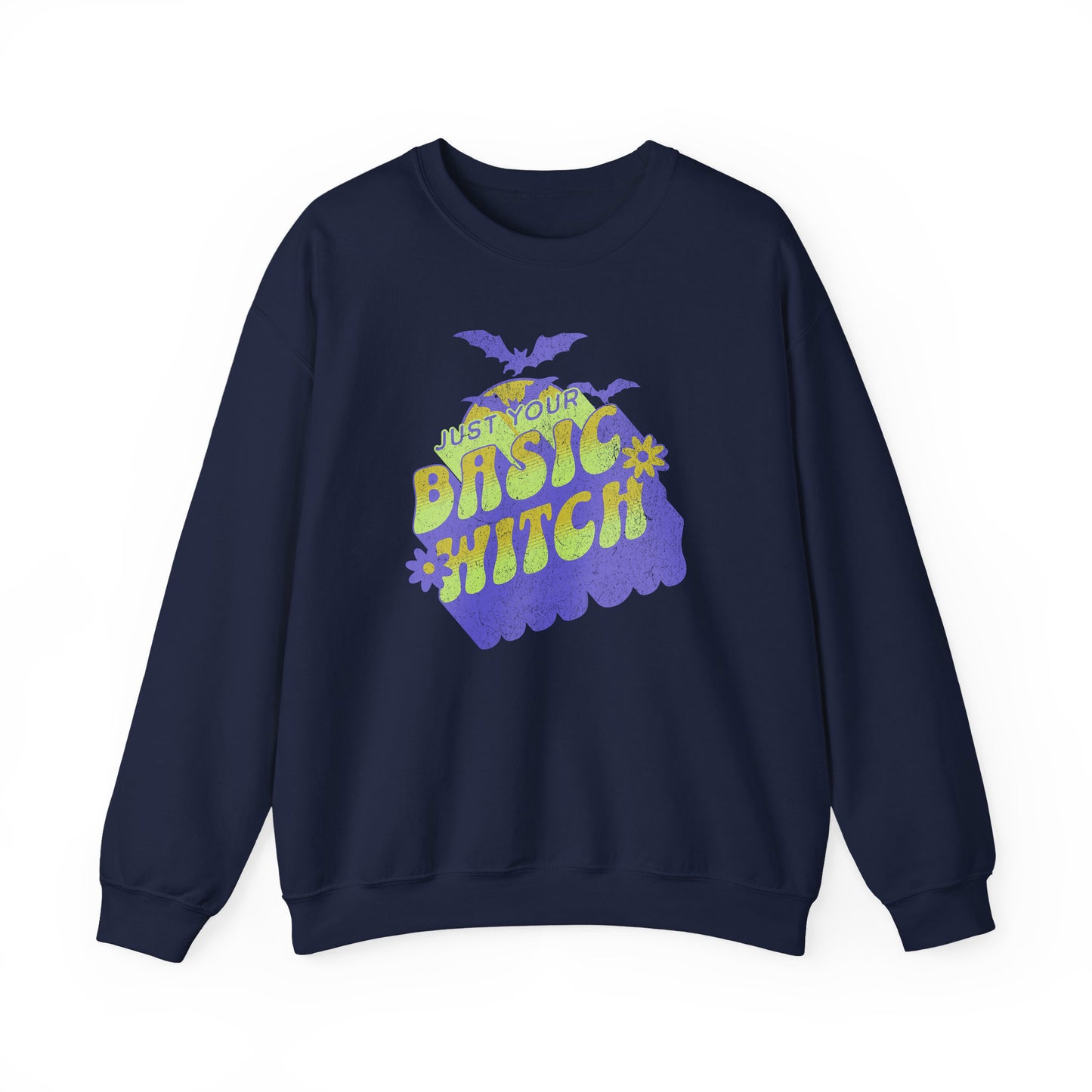 Navy Unisex “Just Your Basic Witch” Halloween sweatshirt with witchy print — cozy fall fashion with playful attitude.