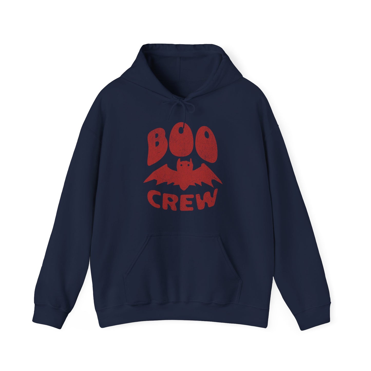 Navy Boo Crew Halloween hoodie with cute bat illustration – cozy unisex fall pullover by BimBangDesign