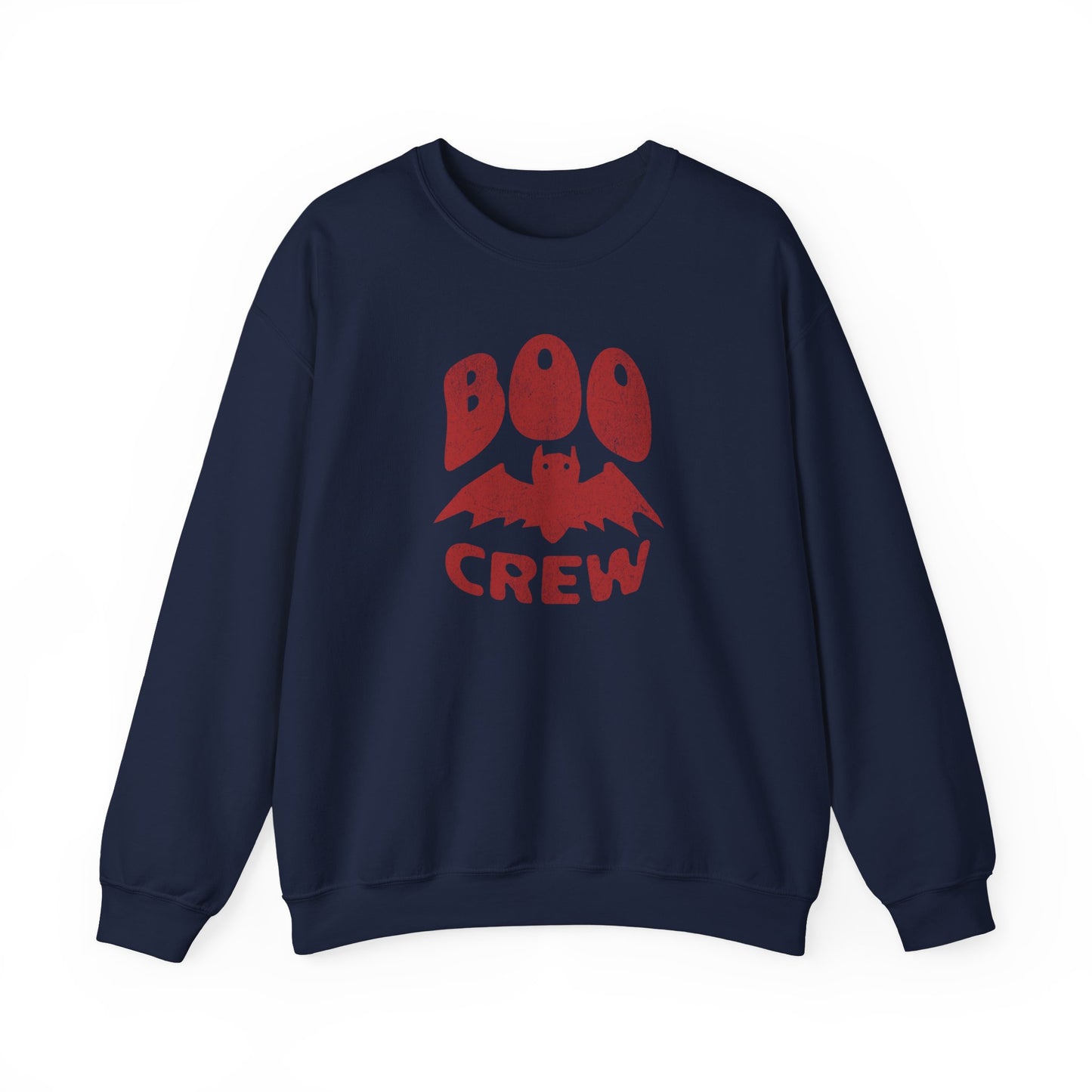 Navy Boo Crew Halloween sweatshirt with cute bat illustration – cozy unisex fall pullover by BimBangDesign