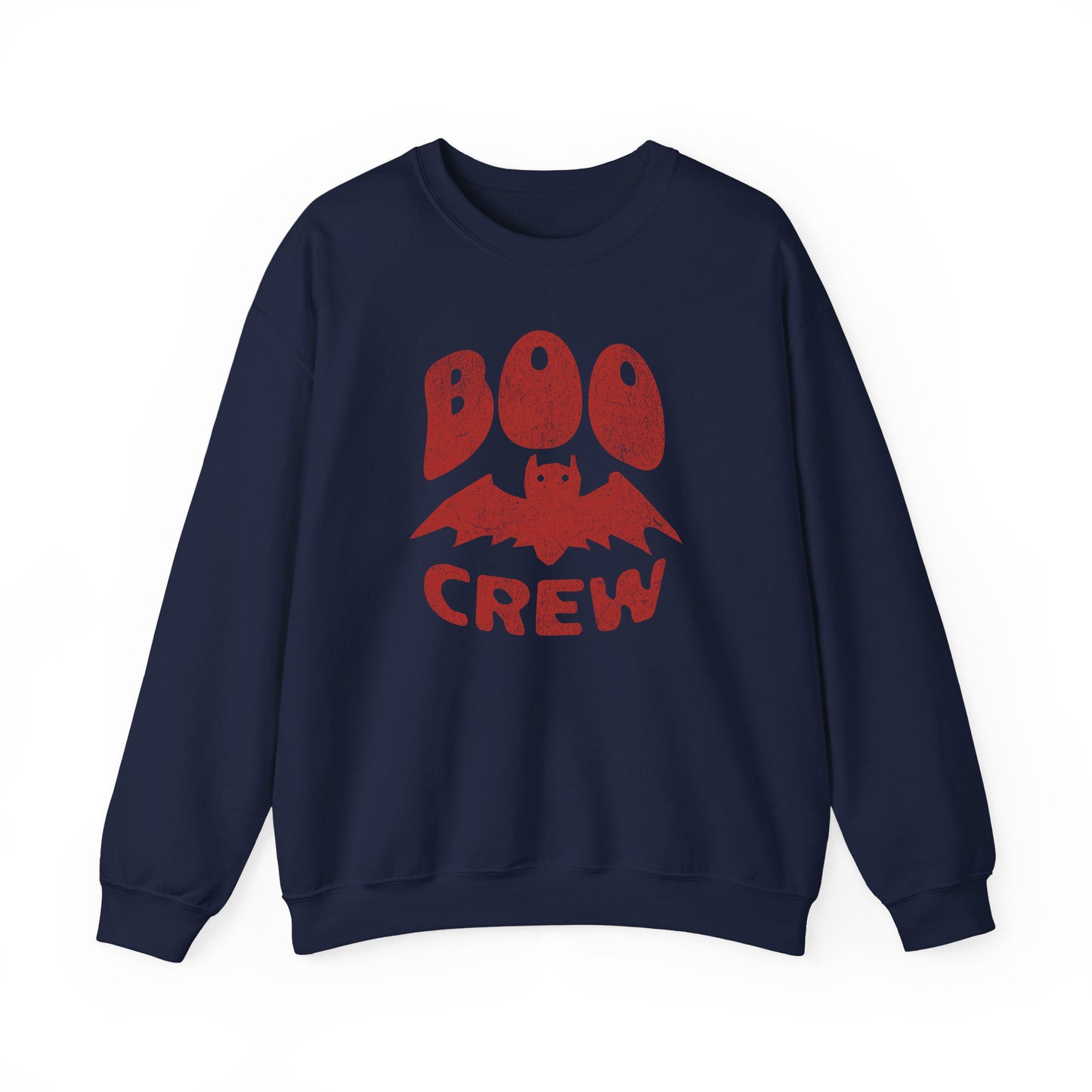 Navy Boo Crew Halloween sweatshirt with cute bat illustration – cozy unisex fall pullover by BimBangDesign