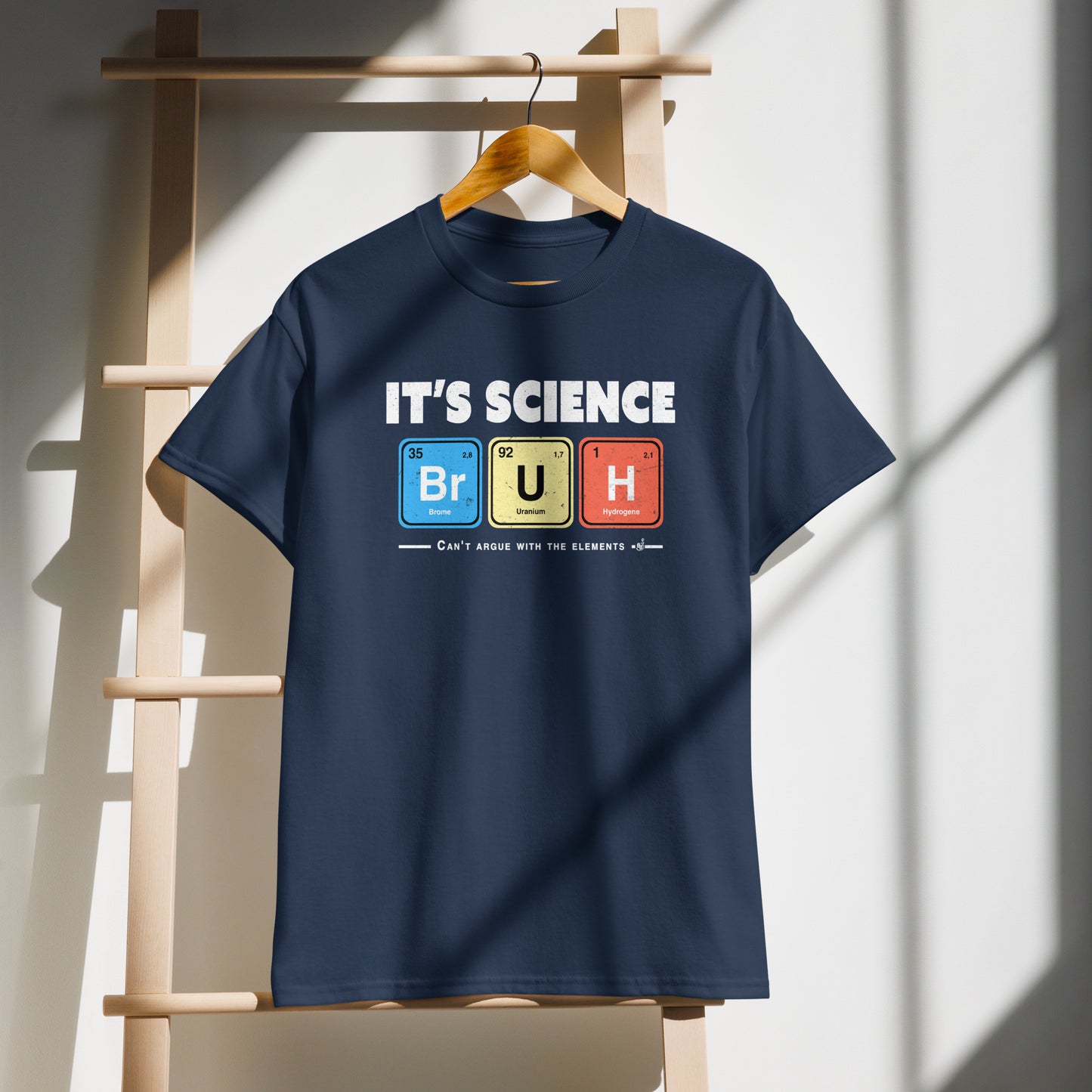 Navy Funny Geeky science T-shirt on demo featuring periodic table elements spelling BRUH.