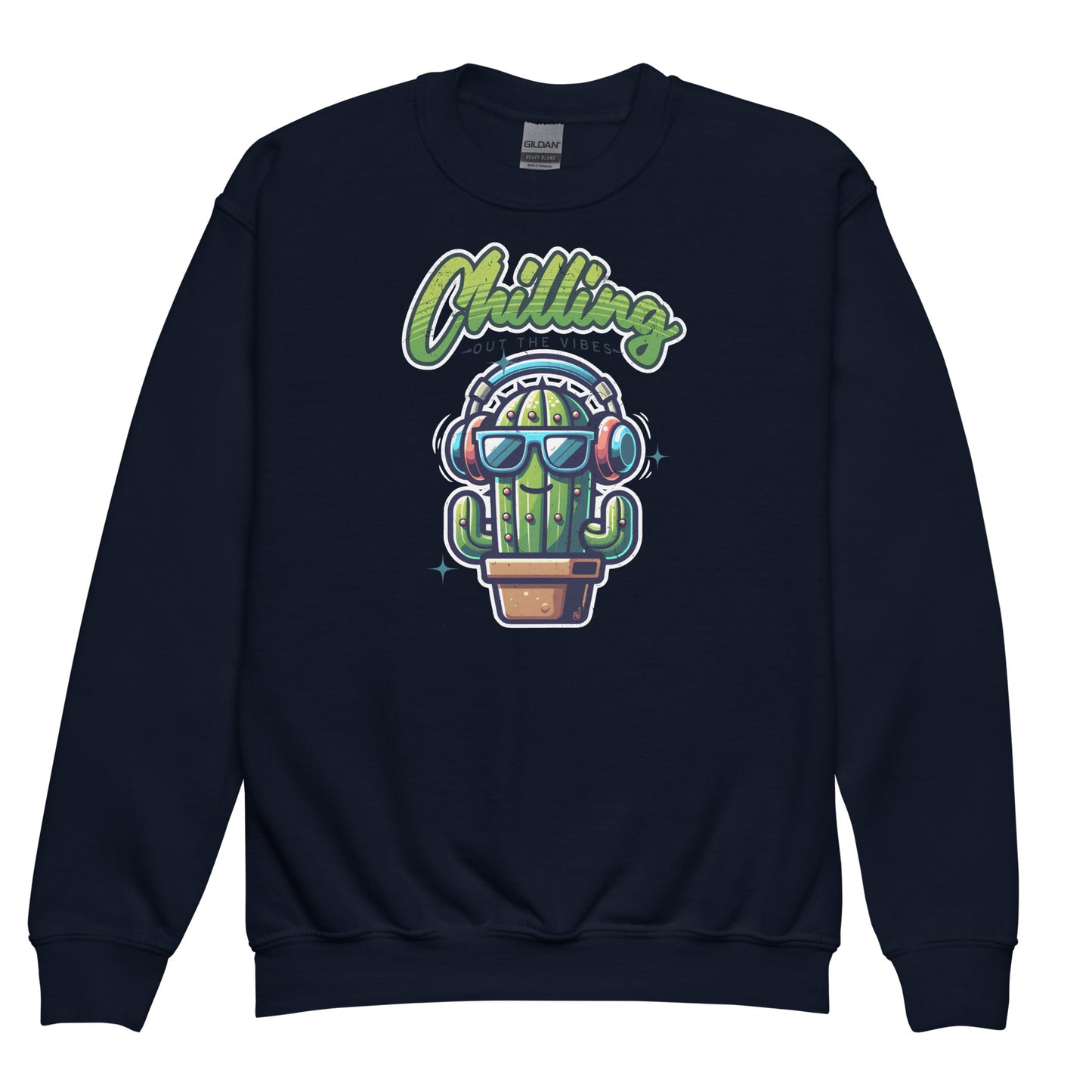 Navy Chilling Out the Vibes music-themed sweatshirt for kids with funny cartoon cactus design, BimBangDesign