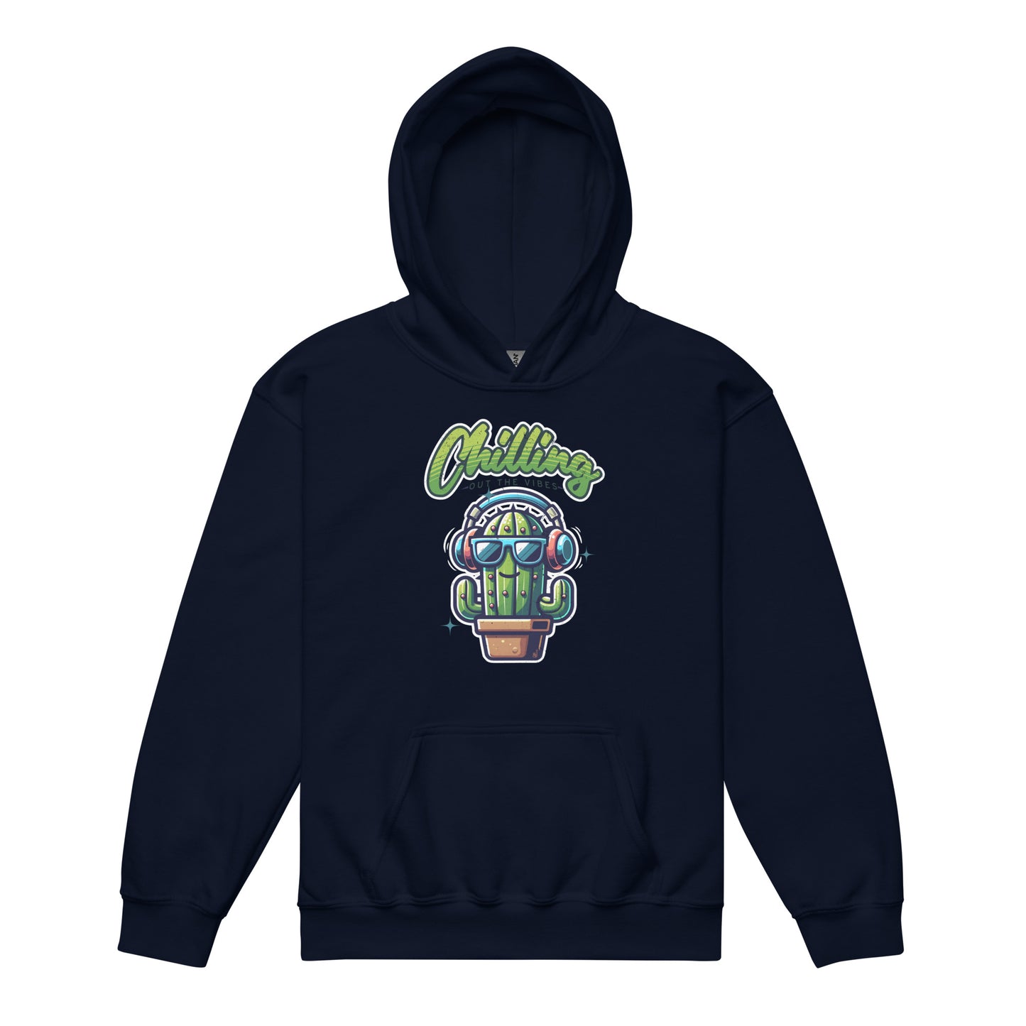 Navy Chilling Out the Vibes music-themed hoodie for kids with funny cartoon cactus design, BimBangDesign