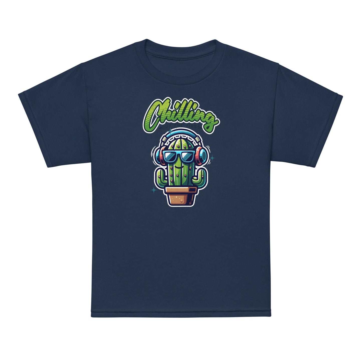 Navy Chilling Out the Vibes Fun music-themed kids tee with cartoon cactus design, BimBangDesign