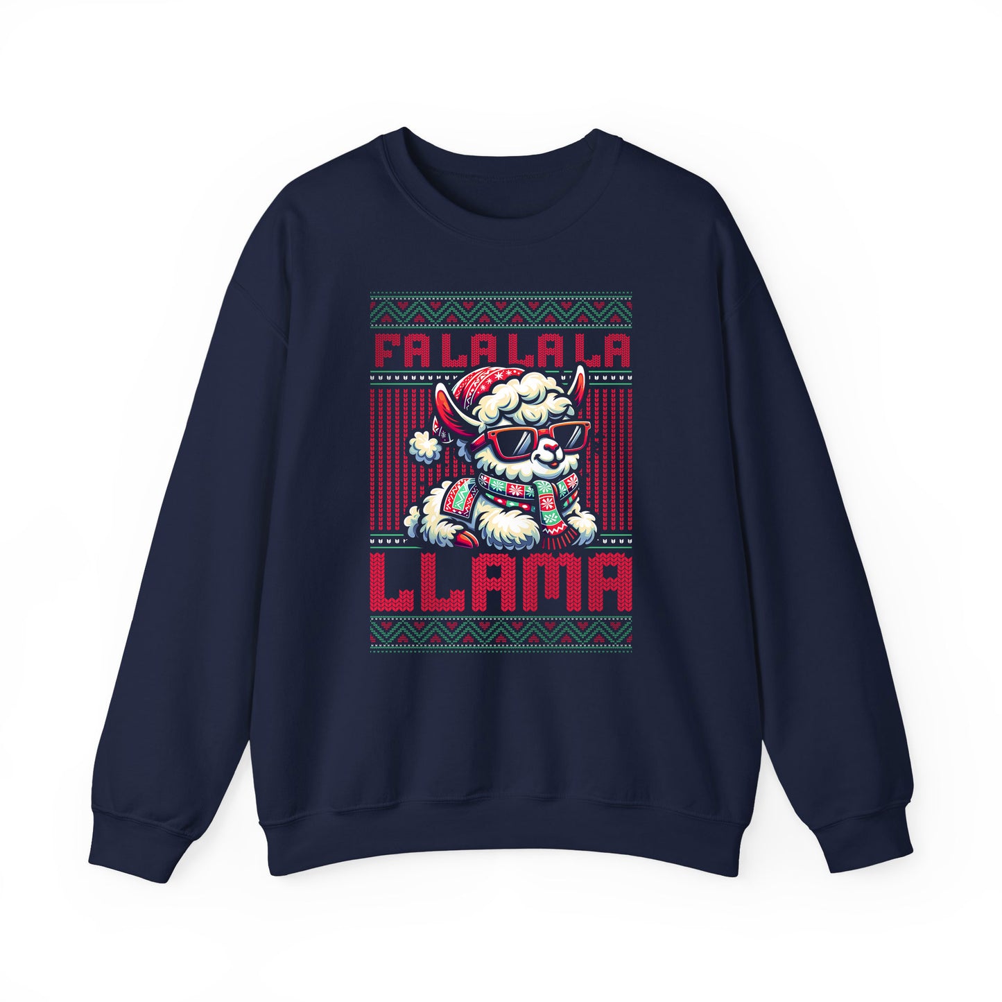 Navy Cozy Christmas sweatshirt with humorous Fa La La La Llama holiday graphic. BimBangDesign