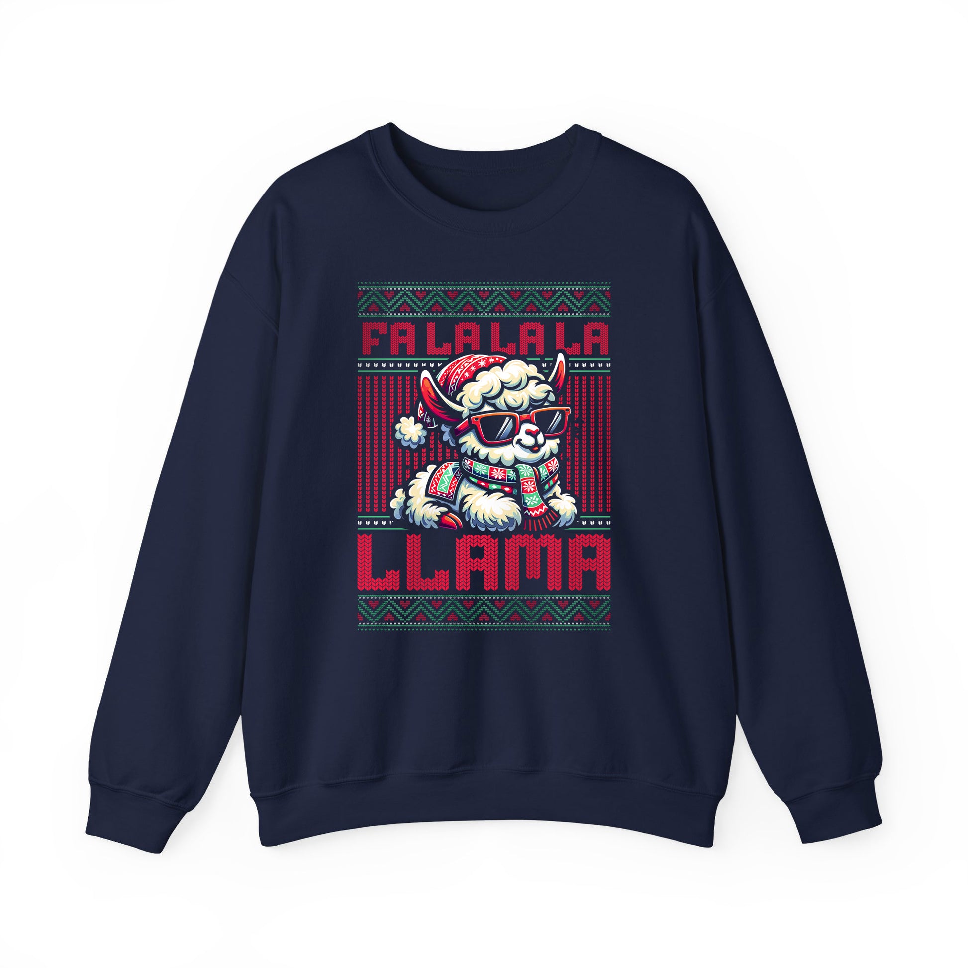 Navy Cozy Christmas sweatshirt with humorous Fa La La La Llama holiday graphic. BimBangDesign