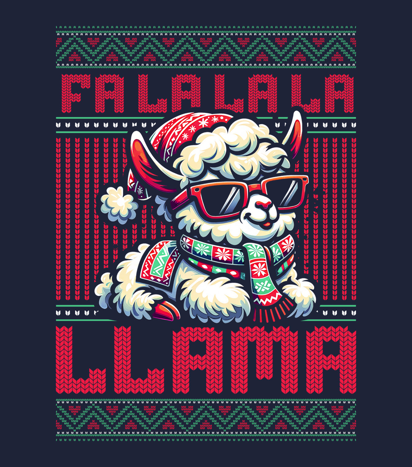 Details of the Cozy Christmas sweatshirt with humorous Fa La La La Llama holiday graphic. BimBangDesign