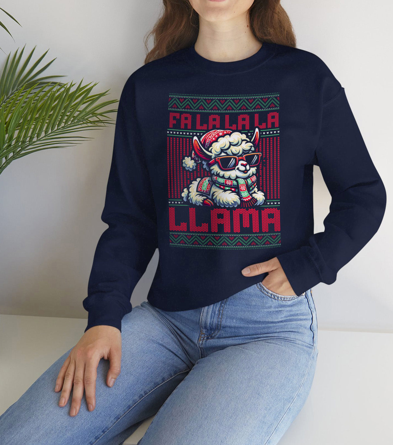 Cozy and funny sweatshirt with humorous Fa La La La Llama holiday graphic, worn by a Christmas vibes entousiast. BimBangDesign