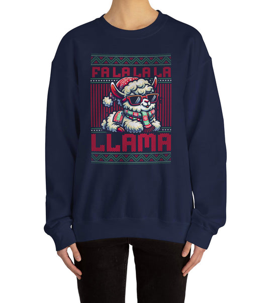 Cozy Christmas sweatshirt with humorous Fa La La La Llama holiday graphic. BimBangDesign