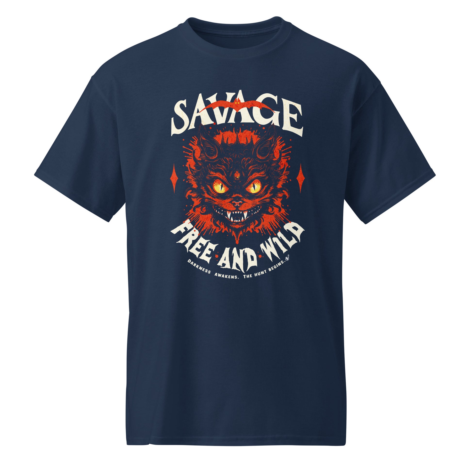 Navy Unisex “Savage – Wild & Free” t-shirt by BimBangDesign — cozy fleece tee with bold wild spirit print, perfect for everyday wear.