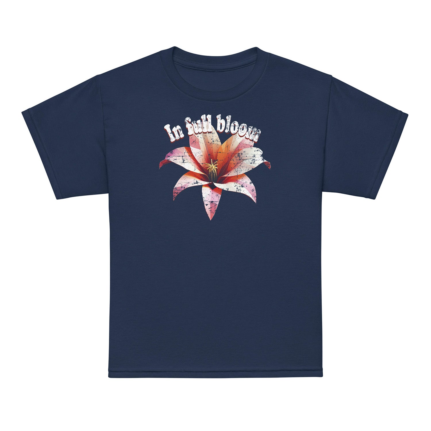 Navy In Full Bloom kids t-shirt – floral print – Gildan 8000B youth tee by BimBangDesign