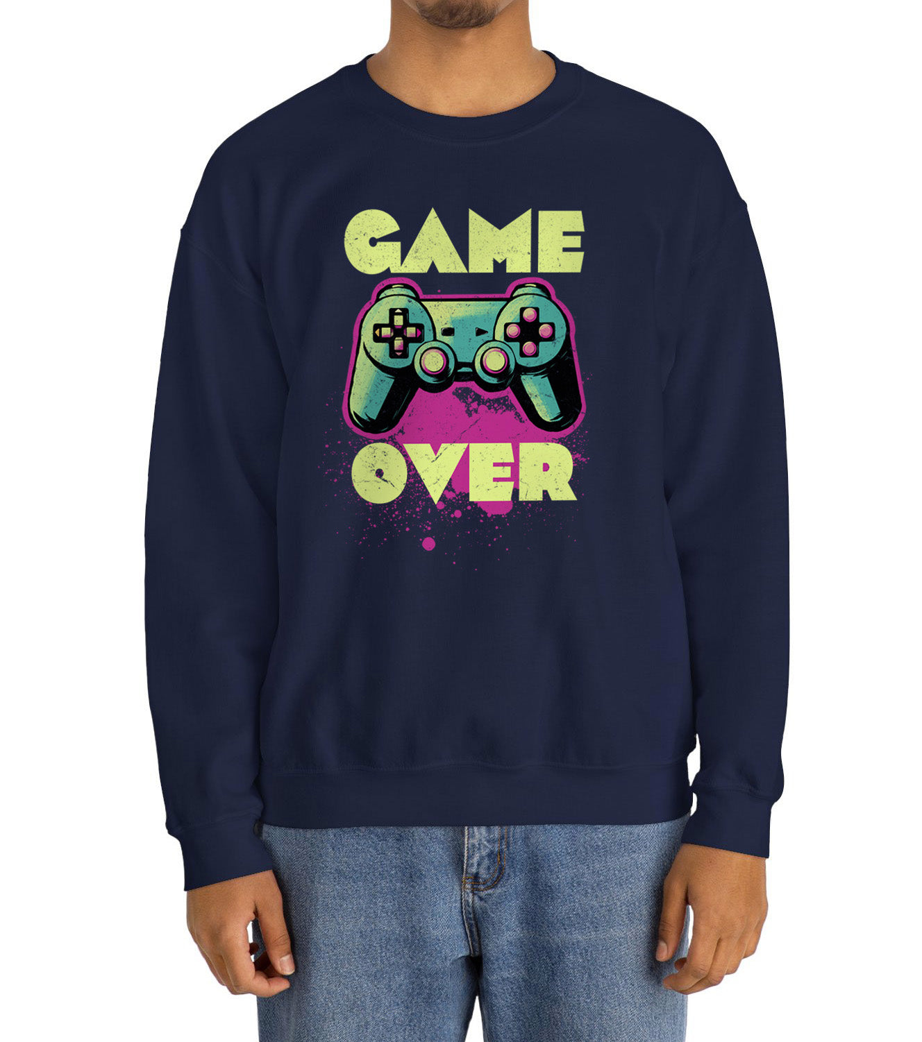 Navy Game Over sweatshirt retro neon colors art worn by a gamer BimBangDesign