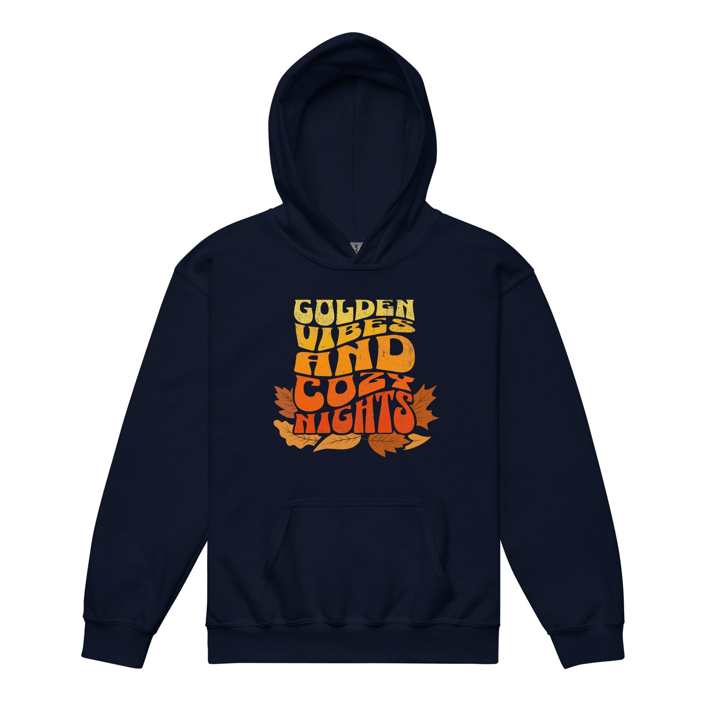 Navy Kids hoodie with colorful “Golden Vibes and Cozy Nights” text and autumn leaves illustration. Cozy fall sweatshirt for children. BimBangDesign