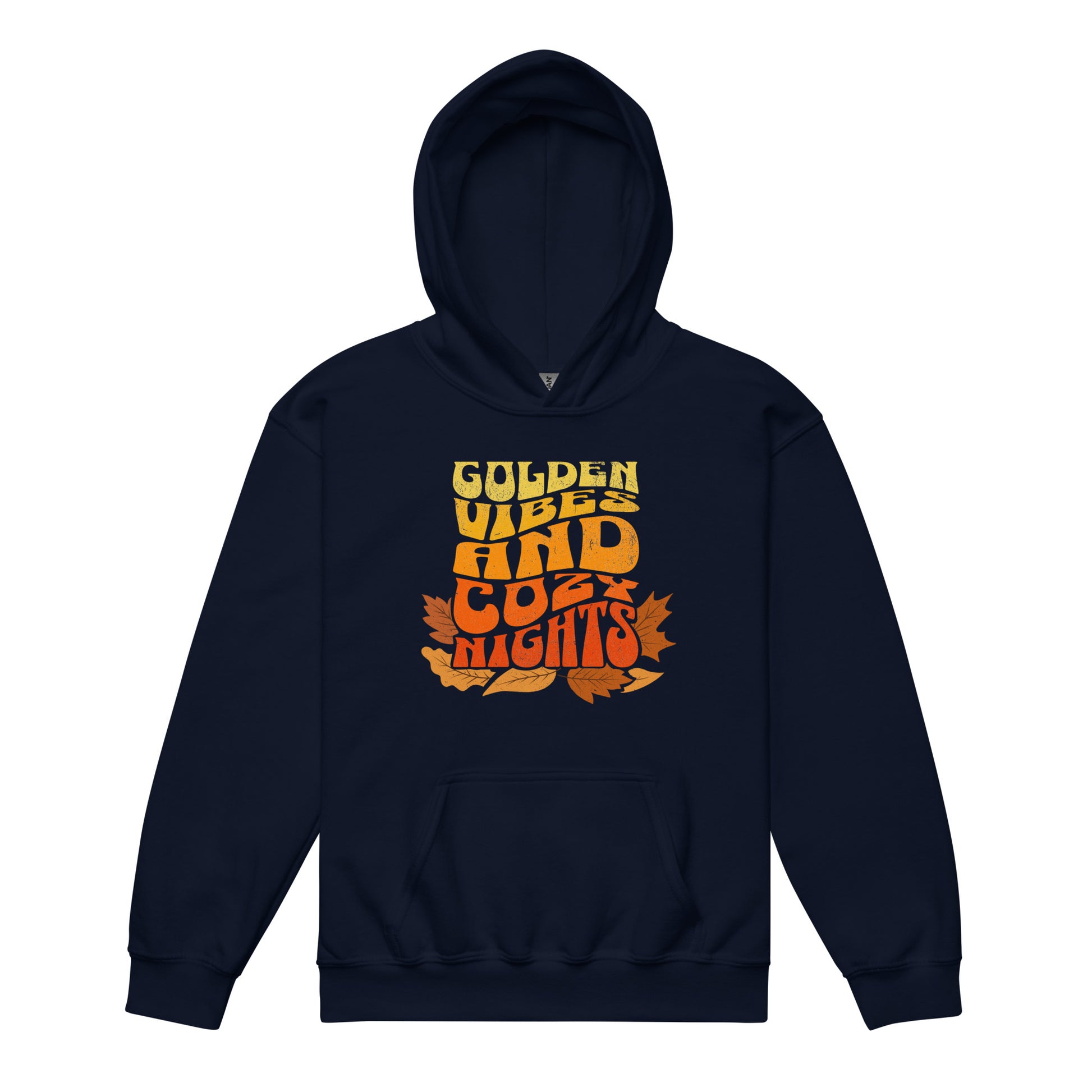 Navy Kids hoodie with colorful “Golden Vibes and Cozy Nights” text and autumn leaves illustration. Cozy fall sweatshirt for children. BimBangDesign