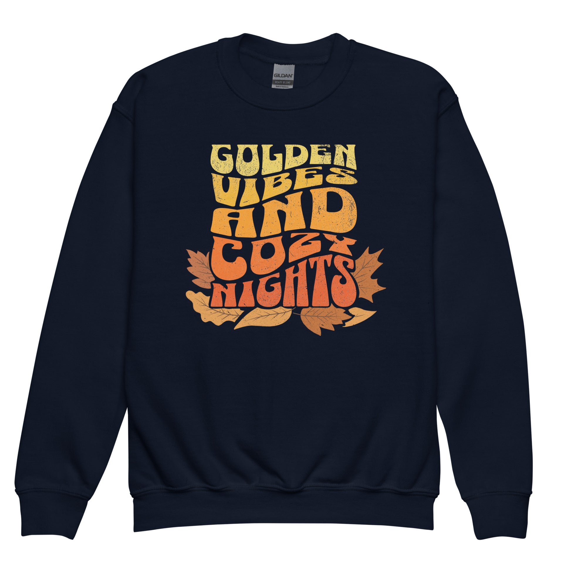 Navy Kids sweatshirt with colorful “Golden Vibes and Cozy Nights” text and autumn leaves illustration. Cozy fall crewneck for children. BimBangDesign