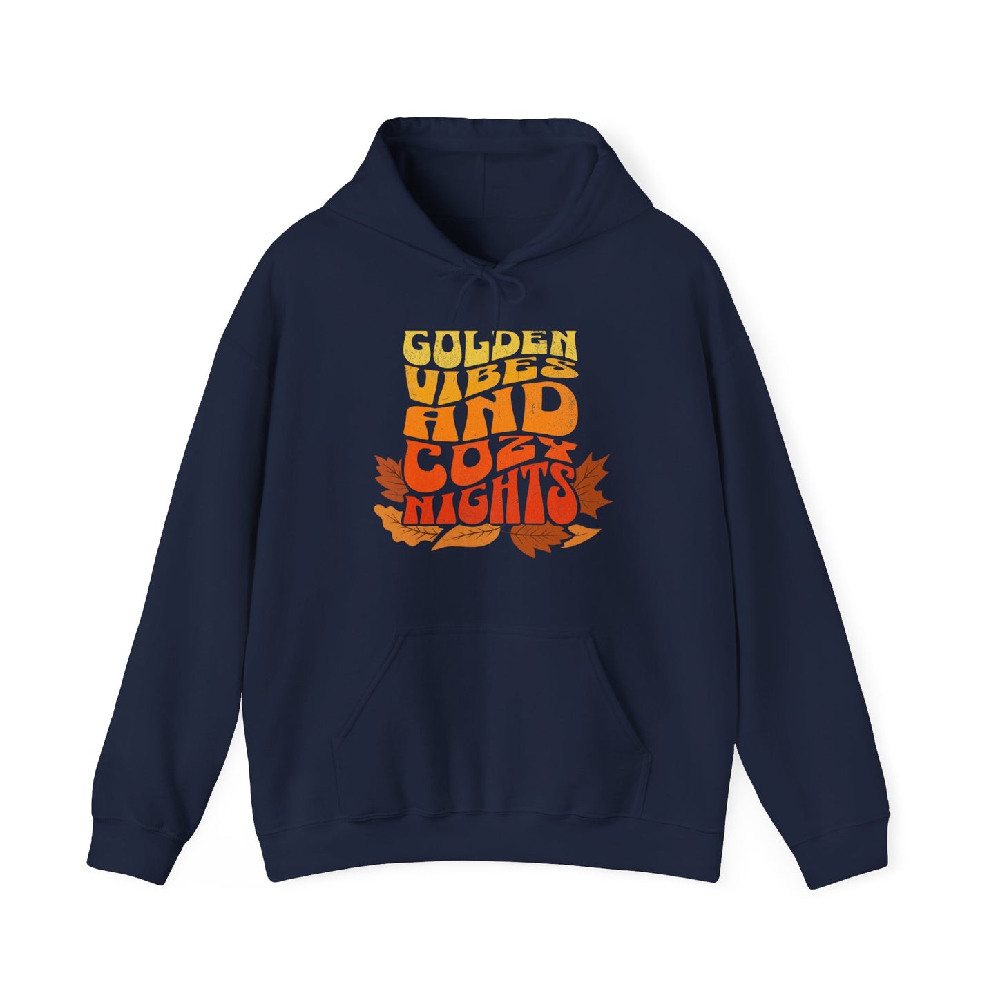 Comfy navy hoodie with “Golden Vibes and Cozy Nights” text in yellow-to-orange gradient and autumn leafs BimBangDesign