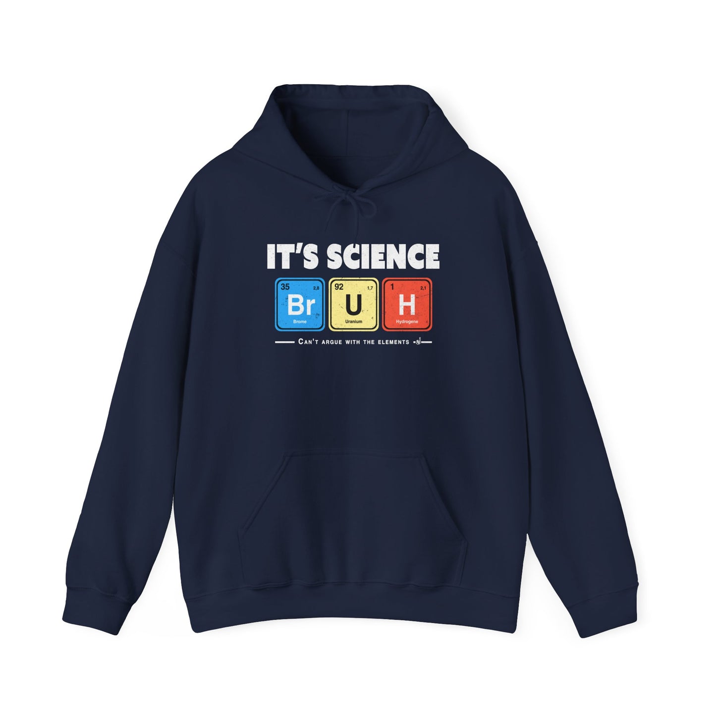 Navy Geeky and funny chemistry hoodie with bold white lettering and periodic table squares. BimBangDesign