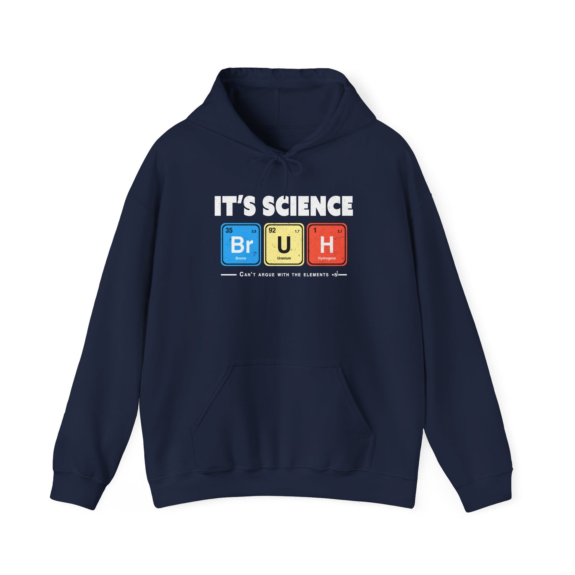 Navy Geeky and funny chemistry hoodie with bold white lettering and periodic table squares. BimBangDesign